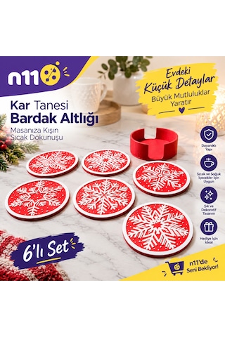 Yeni Yıl Kar Tanesi Tasarımlı 6'lı Bardak Altlığı Seti Stant Hediyeli Beyaz - Kırmızı
