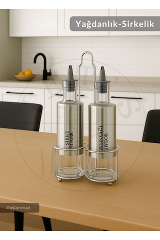 2 Li Set Yağdanlık Takımı Paslanmaz Yağlık Sirkeli Çelik 300 Ml Metalik Gri