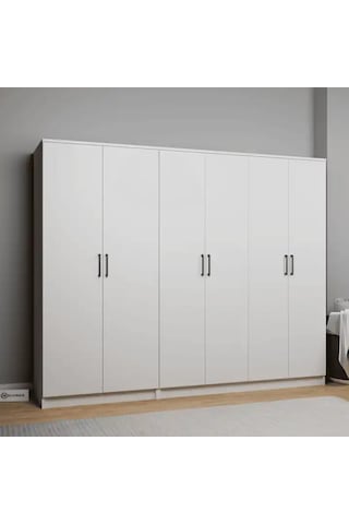 Kardelen Serisi 220 Cm Mat Beyaz 6 Kapılı 9 Raflı Elbise Dolabı - Gardırop Seti Beyaz