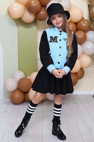 Riccotarz Kız Çocuk Düğme Detaylı Pamuklu Mavi Kolej Ceket Kadife Etekli Takım Mavi