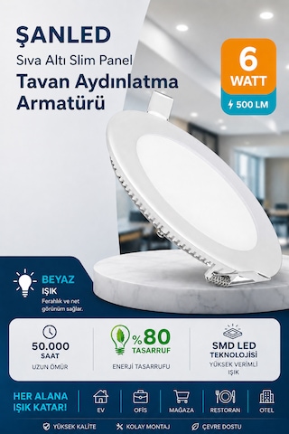 6w Tasarruflu Led Yuvarlak Beyaz Işık Sıva Altı Slim Panel Tavan Aydınlatma Armatürü 8 Adet