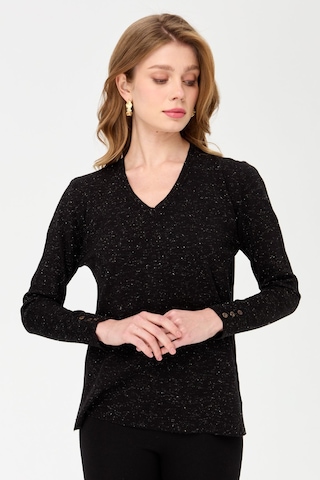 Kadın V Yaka Kolları Düğmeli Simli Bluz Siyah Siyah