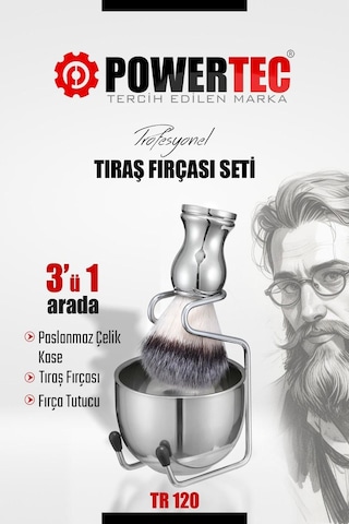 Powertec TR-120 Profesyonel Paslanmaz Çelik Tıraş Fırçası Seti 3'ü 1 Arada Krom Powertec TR-120 Profesyonel Paslanmaz Çelik Tıraş Fırçası Seti 3'ü 1 Arada Krom