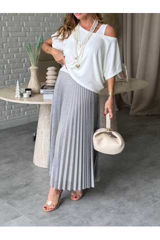 Mirve Butik Puantiyeli Piliseli İkili Elbise Takım Ekru