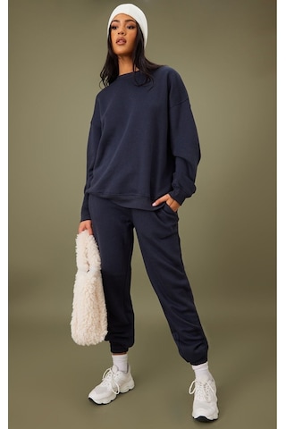 Düz Basic Sweatshirt - Lacivert Uzun Kol Oversize Bisiklet Yaka Lacivert