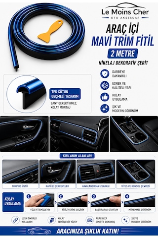 Ssangyong Musso Grand Araç İçi Mavi Trim Fitil 2 Metre Nikelaj Dekoratif Şerit