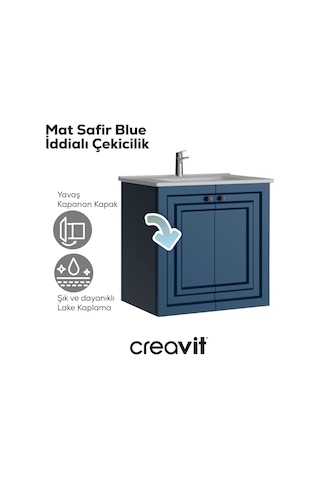 Creavit Kayra Mat Safir Blue Kapaklı Lavabo Dolabı 60 Cm Mavi