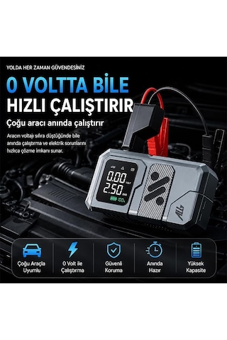 4 İn1 Jump Starter Lastik Sisirme Pompası Ve Powerbank Özellikli Starter Akü Takviye Seti, Sıyah