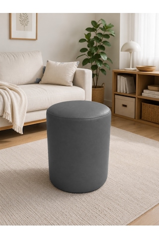 Gri Deri Puf 40x45 Cm Silindir Tasarım Dekoratif Oturma Pufu Salon Yatak Odası Antre