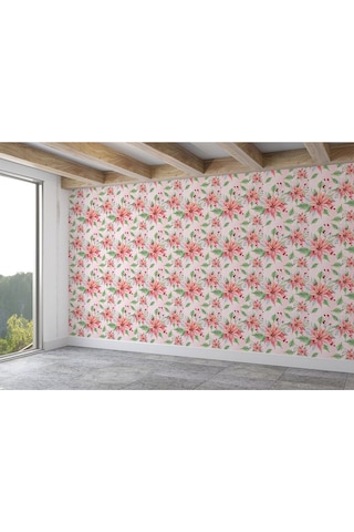 Pembe Çiçek Ve Yaprak Desenli Duvar Kağıdı-5588 Çok Renkli