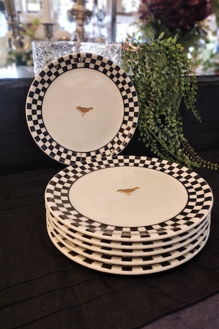 Damalı Kuşlu 6 Lı Pasta Tabağı Beyaz - Siyah