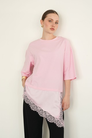 Verymoda Dantel Ve Saten Detaylı Asimetrik Tişört D2942 Pembe