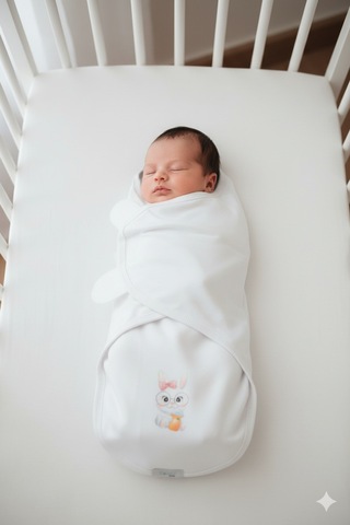 Baskılı Kulaklı Bebek Kundağı 0-3 Ay Beyaz