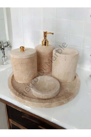 Sarı Traverten Klasik Model 5 Parça Gold Renk Düğme Aksesuarlı Banyo Seti Sarı Traverten