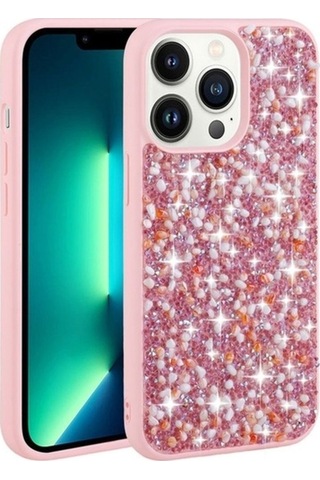 Apple Uyumlu iPhone 12 Pro Kılıf Parlak Taşlı Tasarım Zore Linea Kapak Pembe