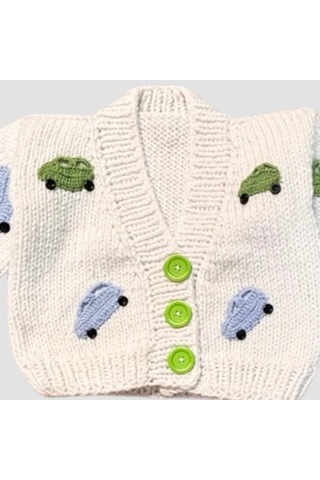 Uretti - Gülnur 2184 - 0374 El Örgüsü Araba Motifli Erkek Çocuk Hırka 3 Yaş - Beyaz Beyaz