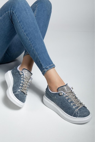 Erceka Taşlı Günlük Kullanıma Uygun Kadın Spor Ayakkabı Sneaker Bağcıklı Su Geçirmez Siyah-beyaz-mavi Taşlıkoyumavikot