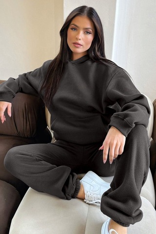 Basic Düz Eşofman Takımı Sweatshirt Jogger - Antrasit Oversize Şardonlu Kapüşonlu Gri