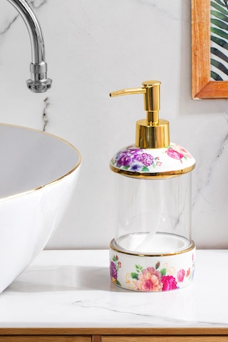 Porsima 3127 Gold Kapaklı Porselen Ve Cam Sıvı Sabunluk Çiçek Desenli Ve Şeffaf Tasarım 350 Ml Gold