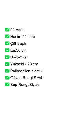 Plastik Alışveriş El Sepeti Çift Saplı 22 Litre Siyah 20 Adet / En:30 Boy:43 Yükseklik:22 Cm Siyah