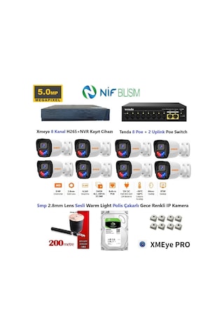 Xmeye 5mp 2.8mm Sabit Lens Polis Çakarlı Sesli Ve Gece Renkli 8 Kameralı Ip Kamera Seti 500gb Disk
