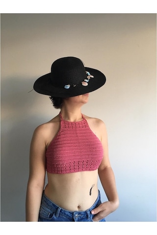 Tuyy El Örgüsü Özel Tasarım Pembe Renk Bikini Üstü Büstiyer