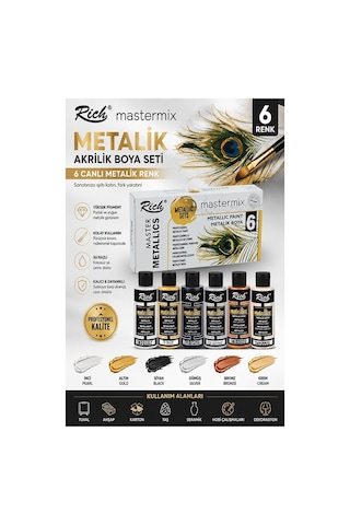 Rich Mastermix Akrilik Boya 6 Renk 60 Ml 1 Paket Metalik Renkler Akrilik Boya 6 Lı Profesyonel Tuval Canvas Çok Renkli
