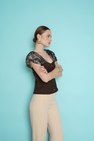 Verymoda Omuz Dantel Detaylı Kayık Yaka Bluz D2994 Kahve