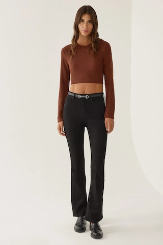 Hiccup Slim Fit Örme Crop Bluz Kestane Kahvesi