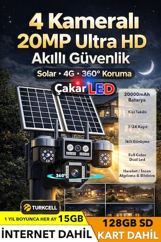 4 Kamera 20mp Ultrahd Güneş Enerjili Sim Kartlı Güvenlik Kamerası 15gb İnternet 128gb Sd Kart