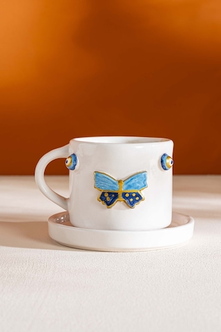 Rivaistanbul Kelebek Amore El Yapımı Seramik Double Kahve Fincanı Mug Kupa Krem