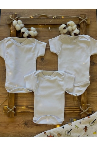 Betül Bebek Kısa Kollu 3'lü %100 Organik Pamuk Çıtçıtlı Bebek Body & Zıbın 3 Adet Beyaz
