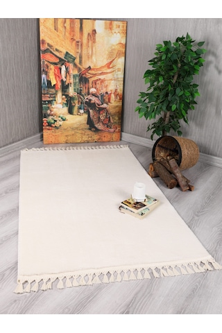 My Evilla Modern Dekoratif Örgü Saçaklı Simirna Peluş Halı Yolluk Krem