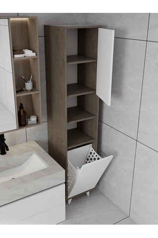 Riva Çamaşır Sepetli Banyo Dolabı Antrasit Meşe Renk Antrasit - Beyaz