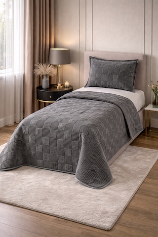 Goldroom Home Ranya Kadife Nakışlı Tek Kişilik Yatak Örtüsü Antrasit