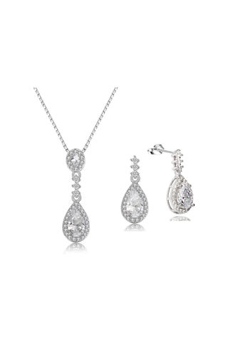 Brezza Lusso Jewelry Zirkon Taşlı Işıltılı Damla Diamond Kadın Gümüş Kolye Küpe Seti