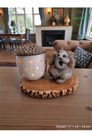 Rustik Sincap Figürlü Meşe Palamudu Mumluk Tealight Led Mum Hediyeli 17 14 13 Cm 17 14 13 Cm