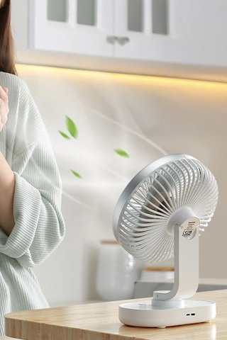Thentech Ultra Sessiz Kademeli Otomatik Dönen Soğutucu Fan Masaüstü Şarjlı Vantilatör Sessiz Güçlü Beyaz