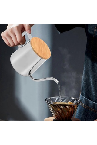 350 Ml Uzun Dar Ağızlı Kahve Potu Kaz Boynu Su Isıtıcısı Paslanmaz Çelik El Damlama Su Isıtıcısı Ahşap Kapaklı Kahve Ve Çay Potu Diğer