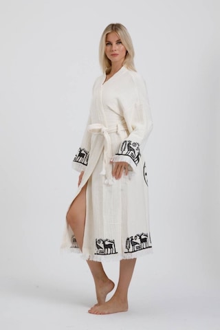Befera Hitit Müslin Kimono Pamuklu Lotus Baskılı Desenli Bornoz Kaftan Sabahlık Ekru