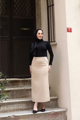 Kumaş Kalem Etek Ekru Çok Renkli