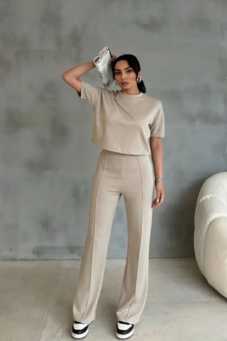 Modal Kumaş Yüksek Bel Pantolon Crop & Pantolon Takım Bej