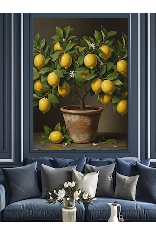 Ahşap Tablo Limon Ağacı Saksı Meyveler