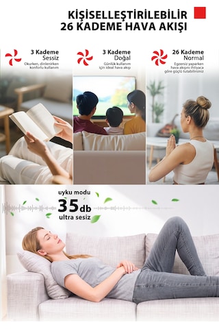 26 Hız Kademesi Ultra Sessiz Motor 9 Kanatlı Kumandalı Vantilatör F-dse70cıs W