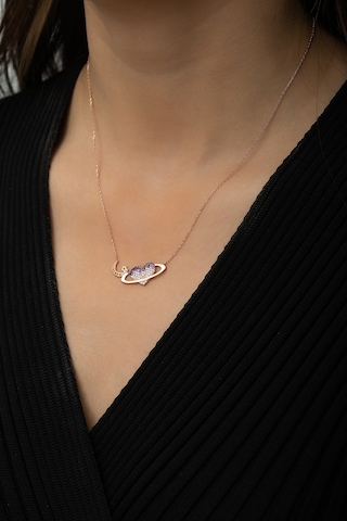 Papatya Silver Satürn Kuşaklı Kalp Ay Yıldız Bayrak Kolye Rose Gold Kaplama 925 Ayar Gümüş, UVPS100491