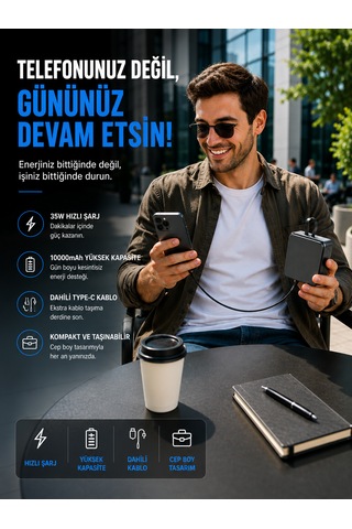 10000mah 35w Hızlı Şarj Powerbank Lcd Ekran 1x Usb + 1x Type-c Type-c Kablolu Çıkışlı Açık Gri