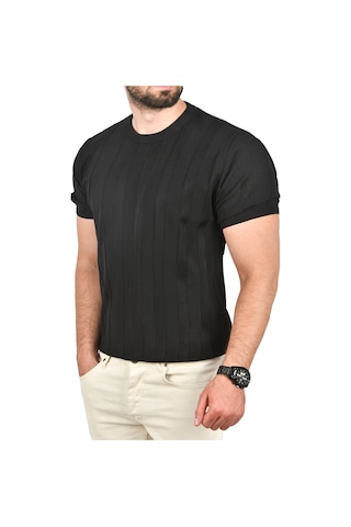 Deepsea Erkek Siyah Dar Kesim Pamuklu Triko Tişört Slim Fit Nefes Alan Bisiklet Yaka Tişört 2504348 Siyah