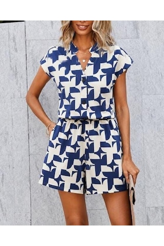 Meridefashion Kısa Kollu V Hakim Yakalı Düğmeli Desenli Kısa Modal Tulum - 62548 L/xl - Yeşil Çok Renkli