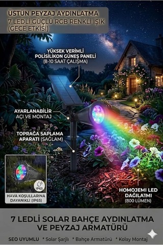 Solar Gunes Enerjili Rgb Renk Degistiren Bahce Armaturu 7 Ledli Renkli Dis Mekan Peyzaj Cim Kazikli Diğer