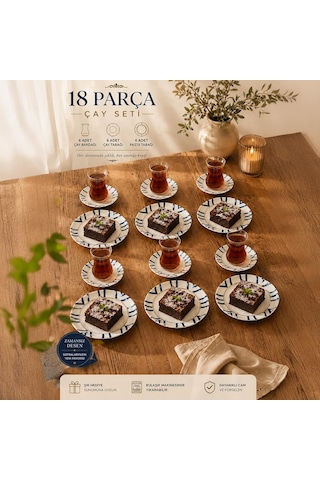 Yasemin Dicle 18 Parça 6 Kişilik Porselen Pasta Ve Çay Takımı Çizgili Lüks Sunum Seti Çok Renkli